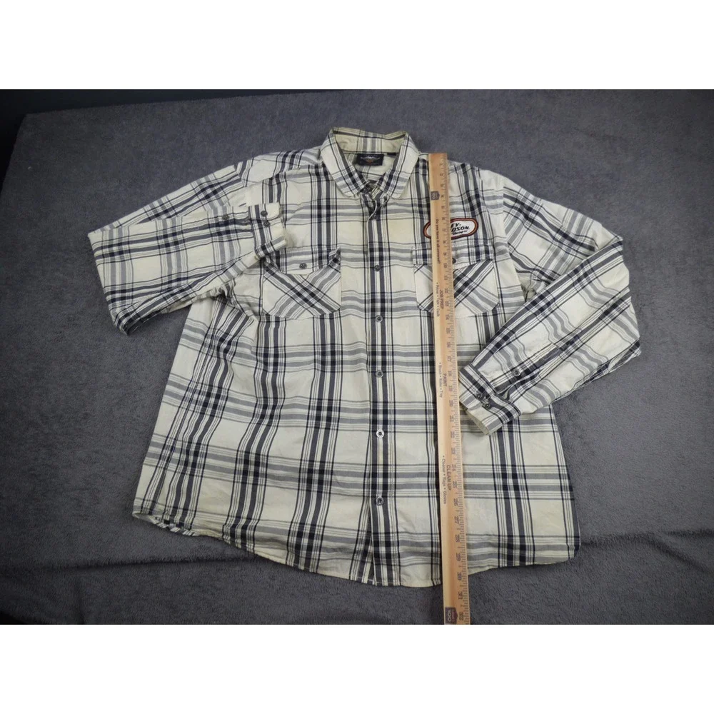 Harley-Davidson Racing Mens Plaid Button Down Shirt Cream Black Long Sleeve 2XL